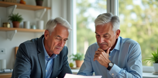 Couple d'âge moyen examinant des documents immobiliers à la maison