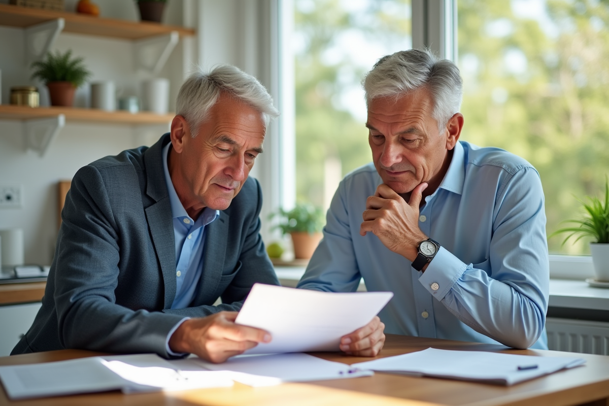 Couple d'âge moyen examinant des documents immobiliers à la maison