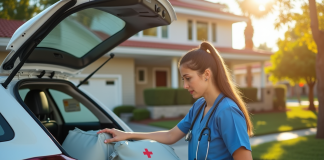 Infirmiere moderne ouvrant le coffre d'une voiture blanche