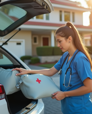 Infirmiere moderne ouvrant le coffre d'une voiture blanche