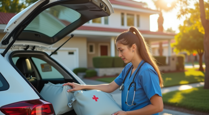 Infirmiere moderne ouvrant le coffre d'une voiture blanche