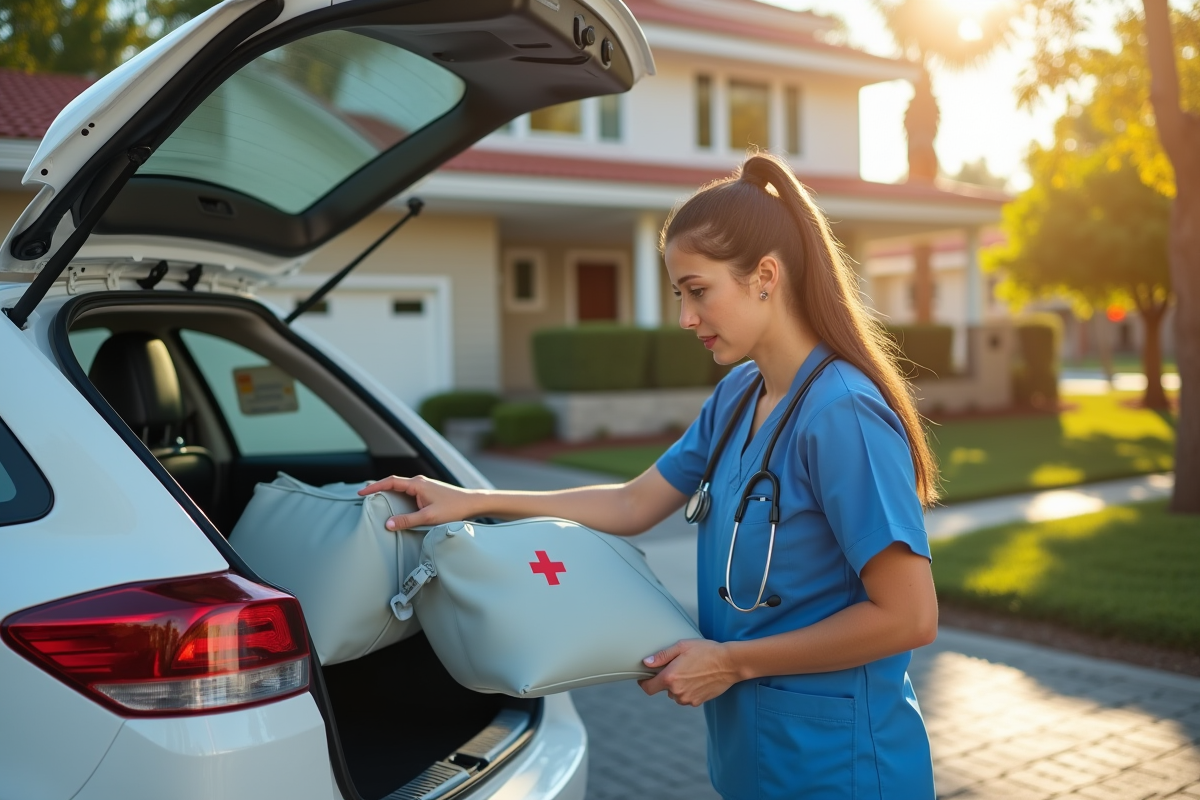 Infirmiere moderne ouvrant le coffre d'une voiture blanche
