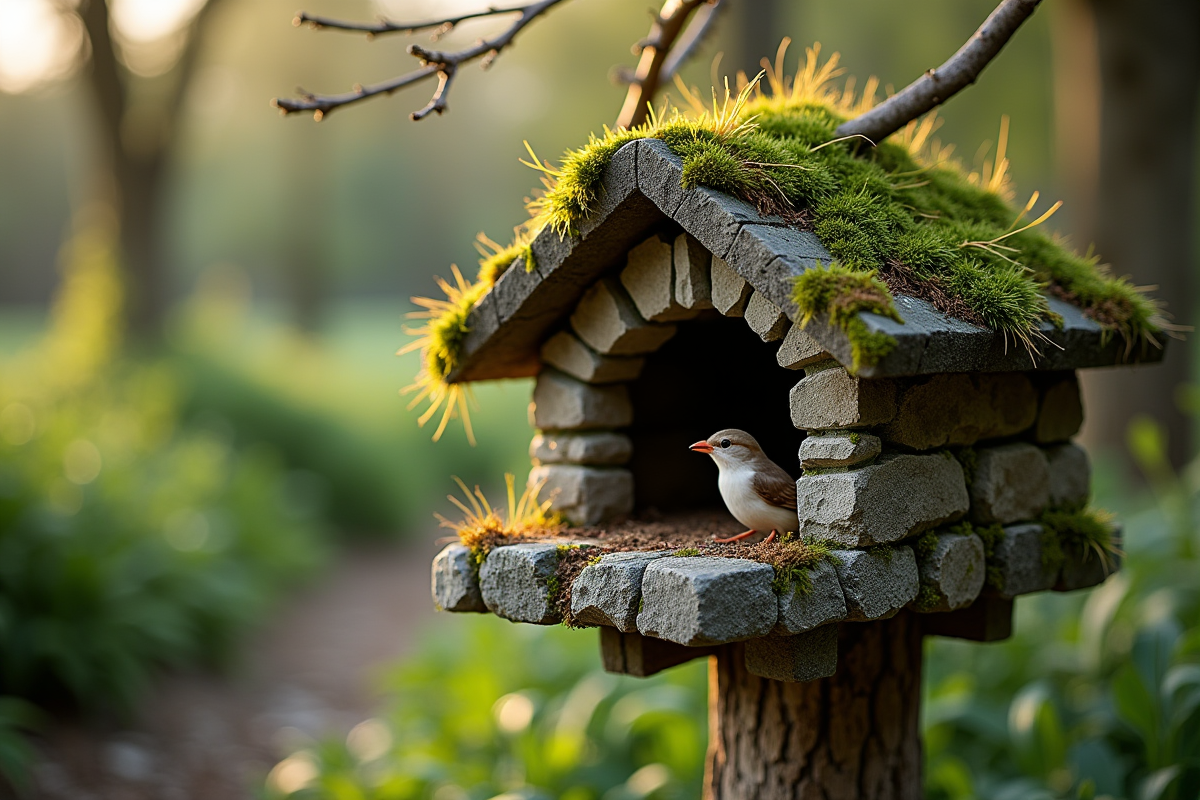 Abri à oiseaux en pierre partiellement recouvert de mousse dans un jardin