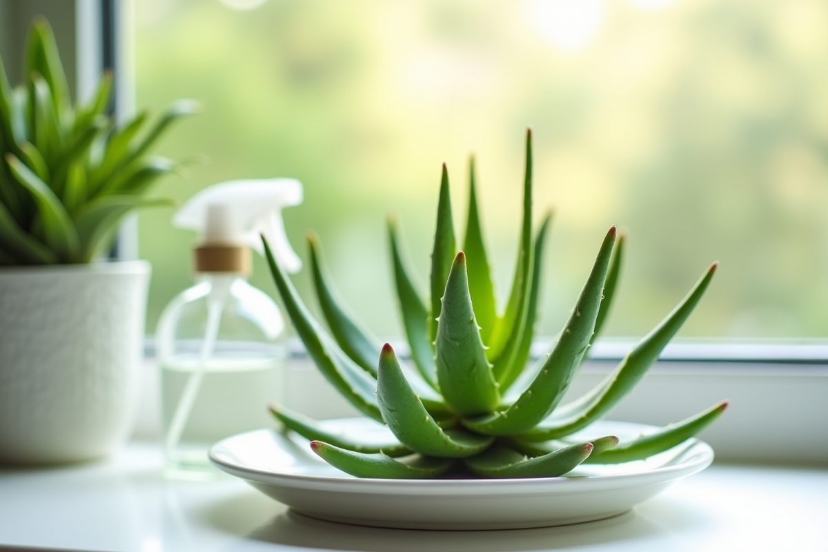 Une aloe vera mature sur une assiette blanche avec vaporisateur