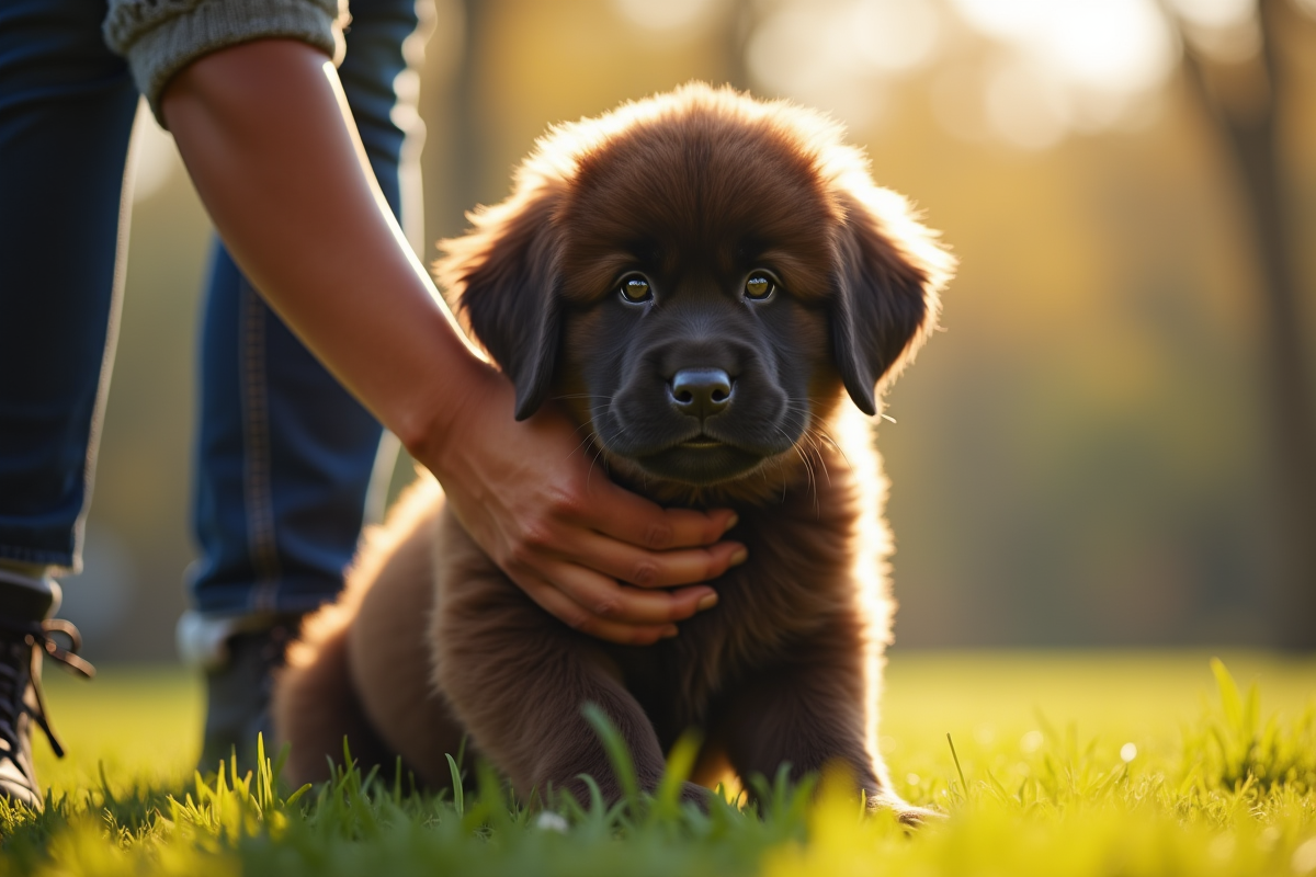 Chiot Newfoundland en promenade dans un parc ensoleille