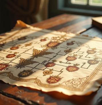 Arbre généalogique royal européen ancien avec armoiries