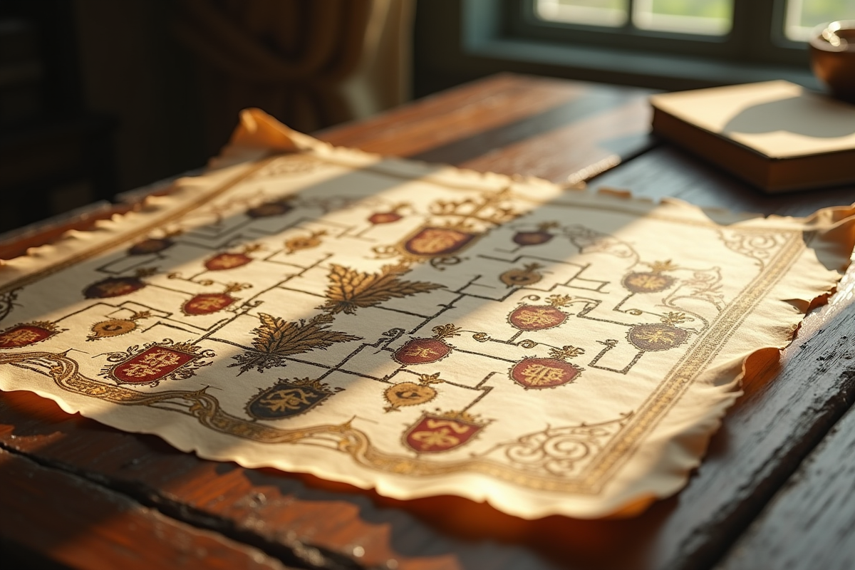 Arbre généalogique royal européen ancien avec armoiries