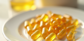 Capsules de vitamine E dorées sur une assiette blanche