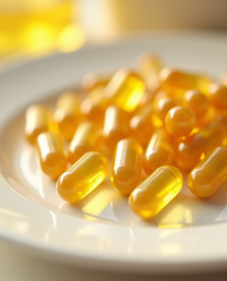 Capsules de vitamine E dorées sur une assiette blanche