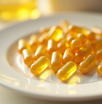 Capsules de vitamine E dorées sur une assiette blanche