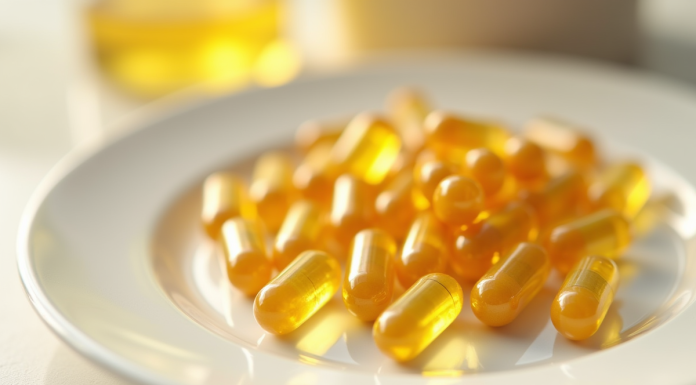 Capsules de vitamine E dorées sur une assiette blanche