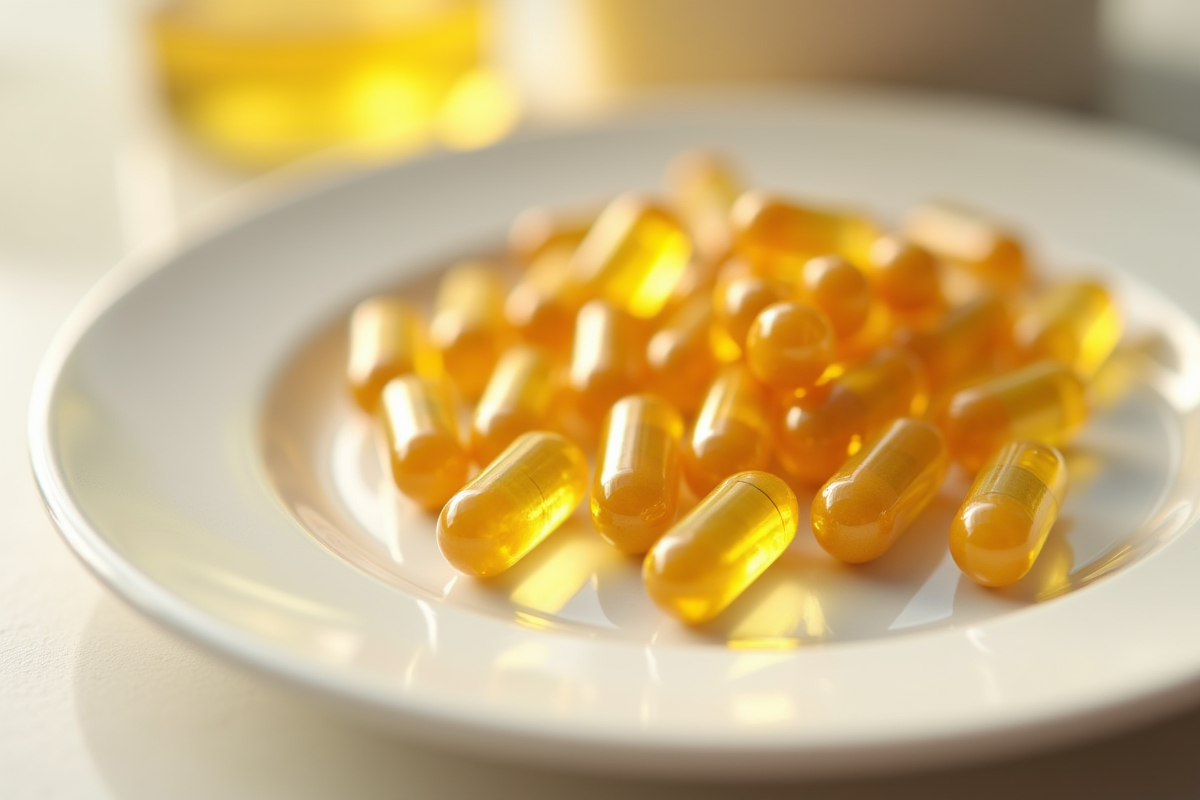 Capsules de vitamine E dorées sur une assiette blanche