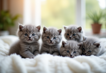 Plusieurs chatons gris doux sur une couverture blanche