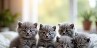 Plusieurs chatons gris doux sur une couverture blanche