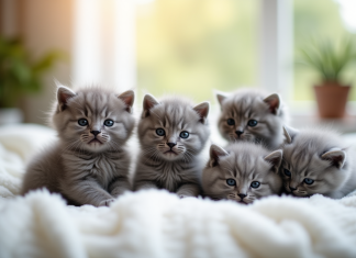 Plusieurs chatons gris doux sur une couverture blanche