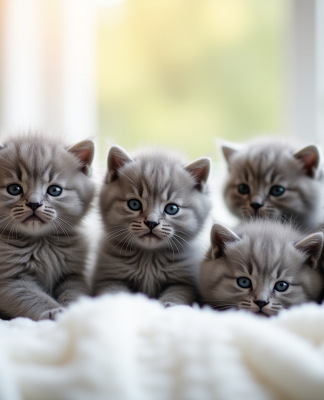 Plusieurs chatons gris doux sur une couverture blanche