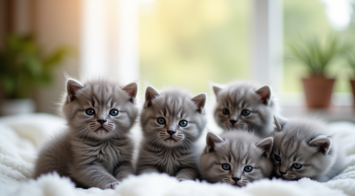 Plusieurs chatons gris doux sur une couverture blanche