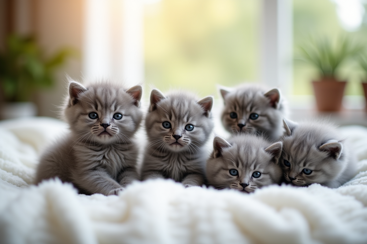 Plusieurs chatons gris doux sur une couverture blanche