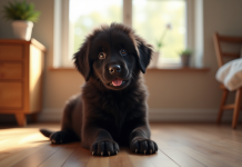 Chiot Newfoundland assis sur un sol en bois lumineux