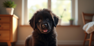Chiot Newfoundland assis sur un sol en bois lumineux