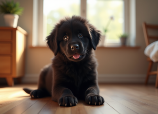 Chiot Newfoundland assis sur un sol en bois lumineux