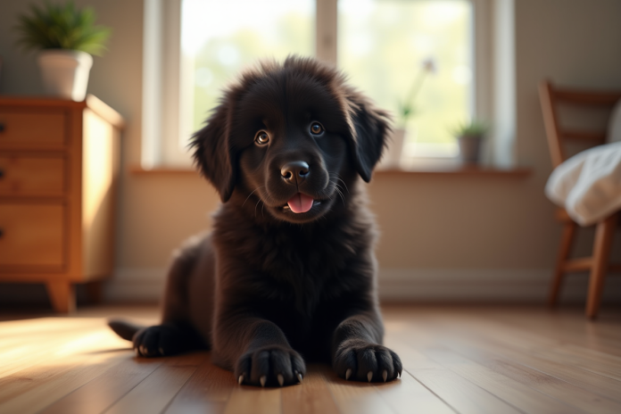 chiot-newfoundland-sedentaire Chiot Newfoundland assis sur un sol en bois lumineux