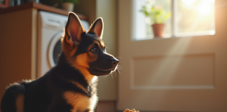 Chiot berger allemand attentif près d'une gamelle de croquettes