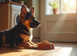Chiot berger allemand attentif près d'une gamelle de croquettes