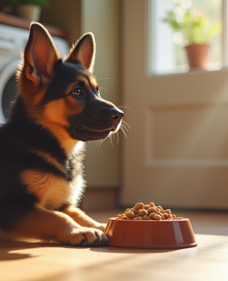 Chiot berger allemand attentif près d'une gamelle de croquettes