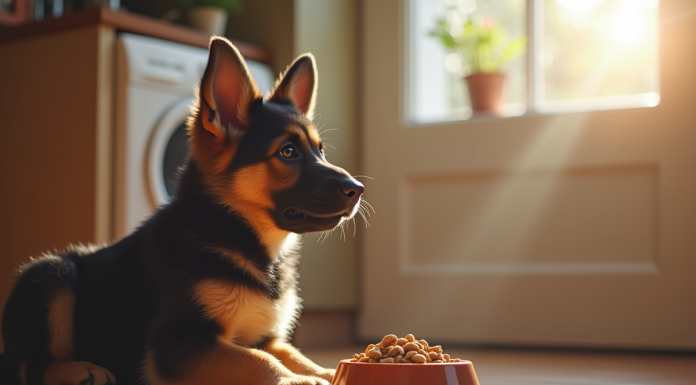 Chiot berger allemand attentif près d'une gamelle de croquettes