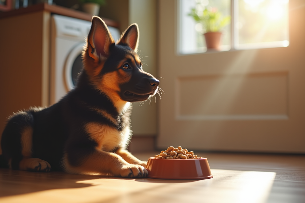 Chiot berger allemand attentif près d'une gamelle de croquettes