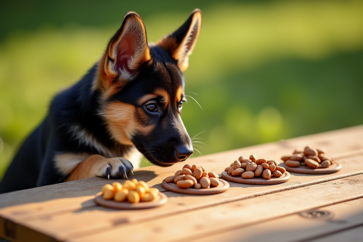 Chiot berger allemand reniflant différentes nourritures pour chien
