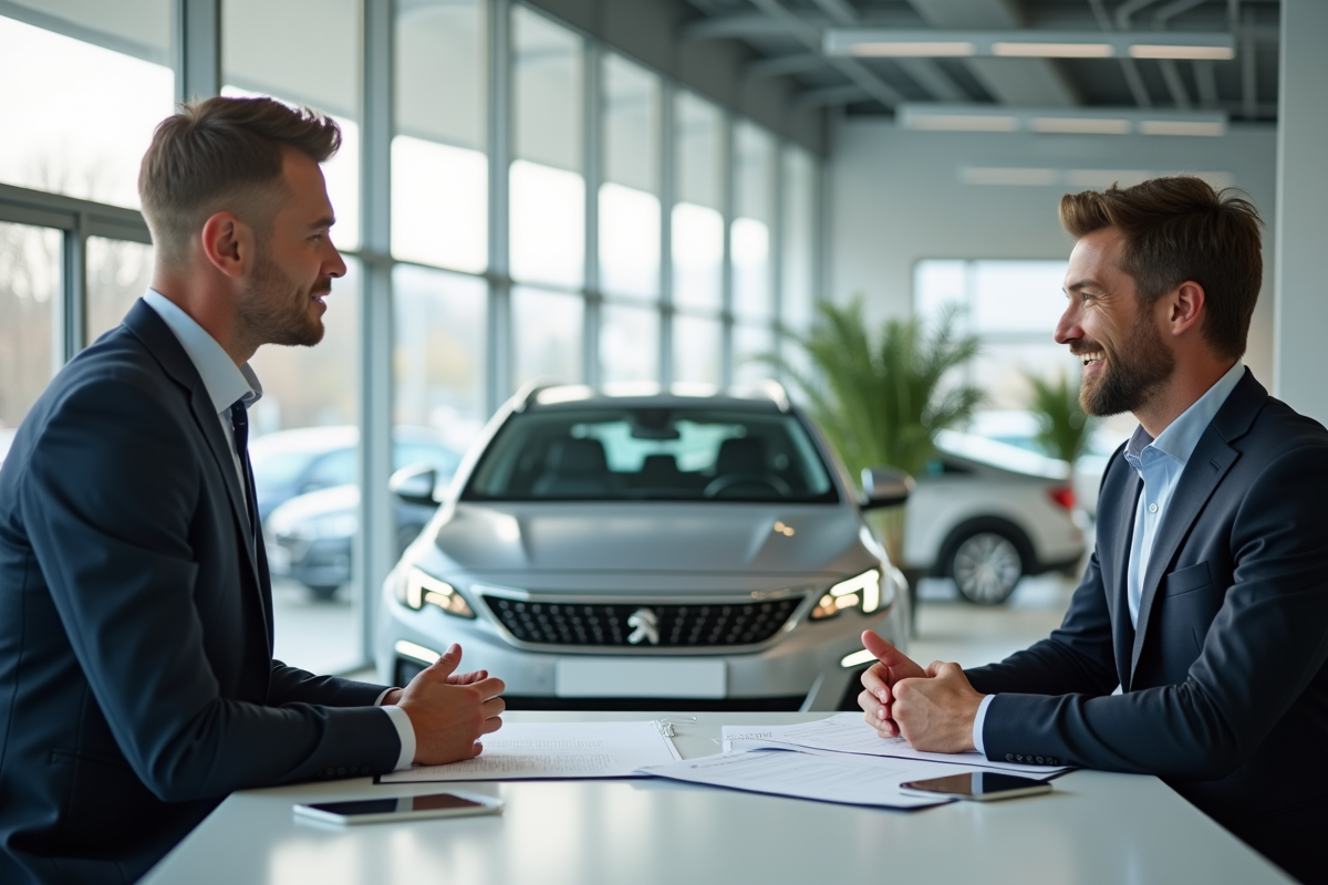 Un acheteur confiant discutant avec un vendeur devant une Peugeot 408