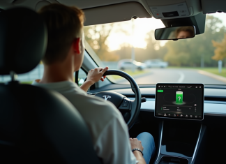 Conducteur inquiet dans une voiture électrique avec batterie faible