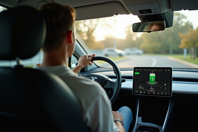 conducteur-inquiet-batterie-electrique Conducteur inquiet dans une voiture électrique avec batterie faible