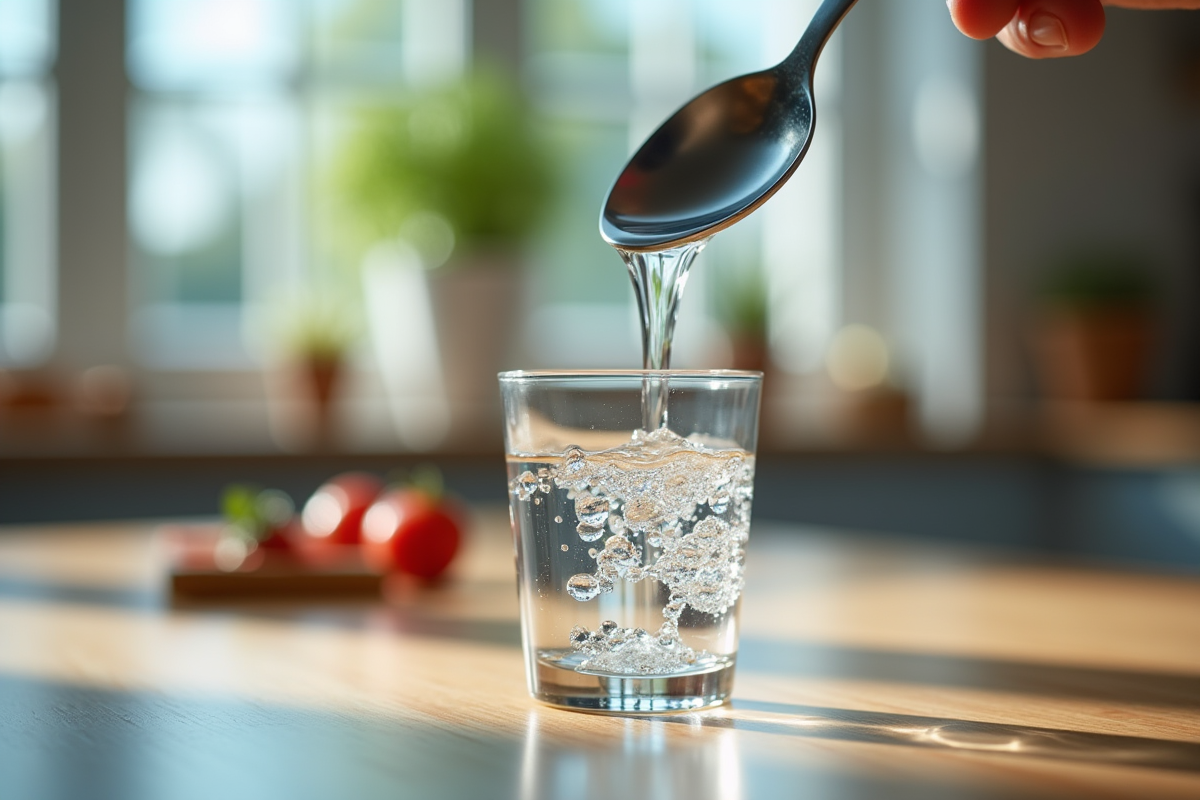 Cuillère en acier versant de leau dans un verre en gros plan