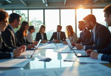 Groupe de professionnels d'affaires autour de plans et table