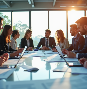 Groupe de professionnels d'affaires autour de plans et table