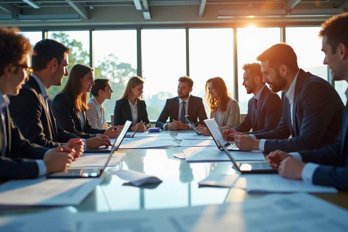 Groupe de professionnels d'affaires autour de plans et table