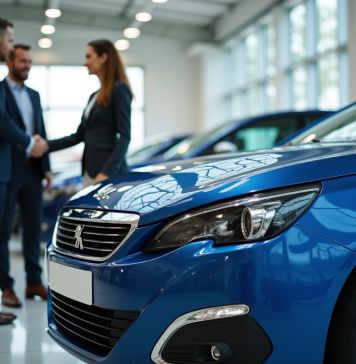 Deux personnes se serrant la main devant une Peugeot 408 bleue