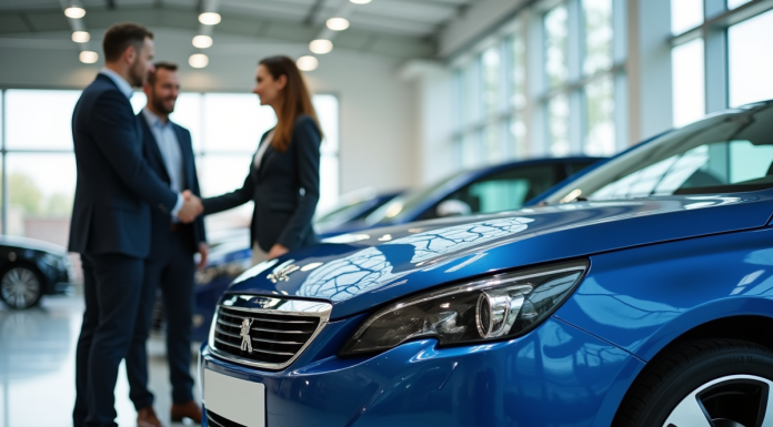 Deux personnes se serrant la main devant une Peugeot 408 bleue