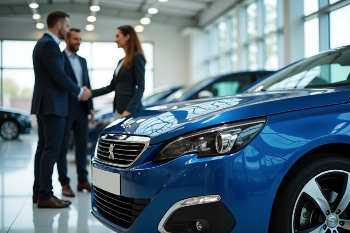 equipe-serrant-main-voiture-peugeot Deux personnes se serrant la main devant une Peugeot 408 bleue