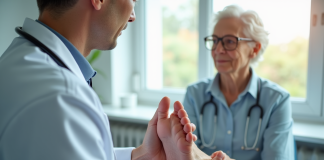 Médecin examinant les pieds d'une personne âgée pour la neuropathie diabétique