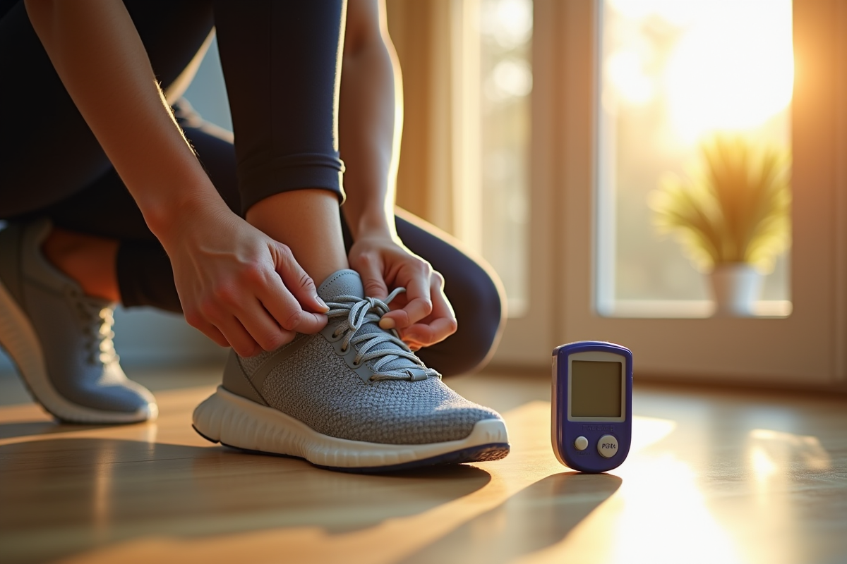 Femme souriante nouant ses chaussures de sport pour la gestion du diabete