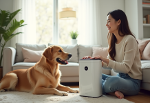 Jeune femme utilisant un purificateur d'air dans un salon lumineux