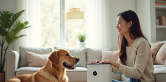 Jeune femme utilisant un purificateur d'air dans un salon lumineux
