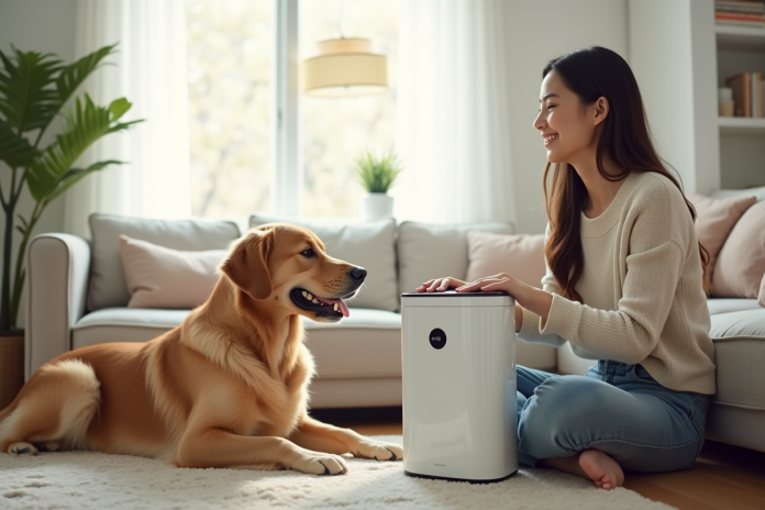 femme-purificateur-air-living-room Jeune femme utilisant un purificateur d'air dans un salon lumineux