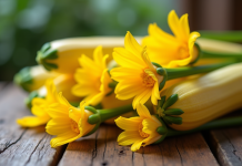 Fleurs de zucchini fraîches sur une table en bois rustique