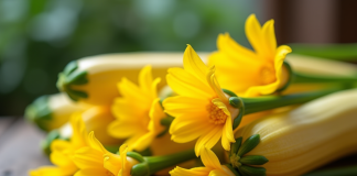 Fleurs de zucchini fraîches sur une table en bois rustique