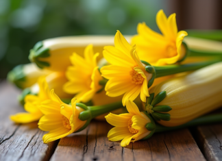 Les fleurs de courgette et la gastronomie française : un mariage parfait Fleurs de zucchini fraîches sur une table en bois rustique